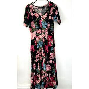 Vintage Y2K Karen Kane Floral Midi Dress Size L Short Sleeve Button Front V Neck